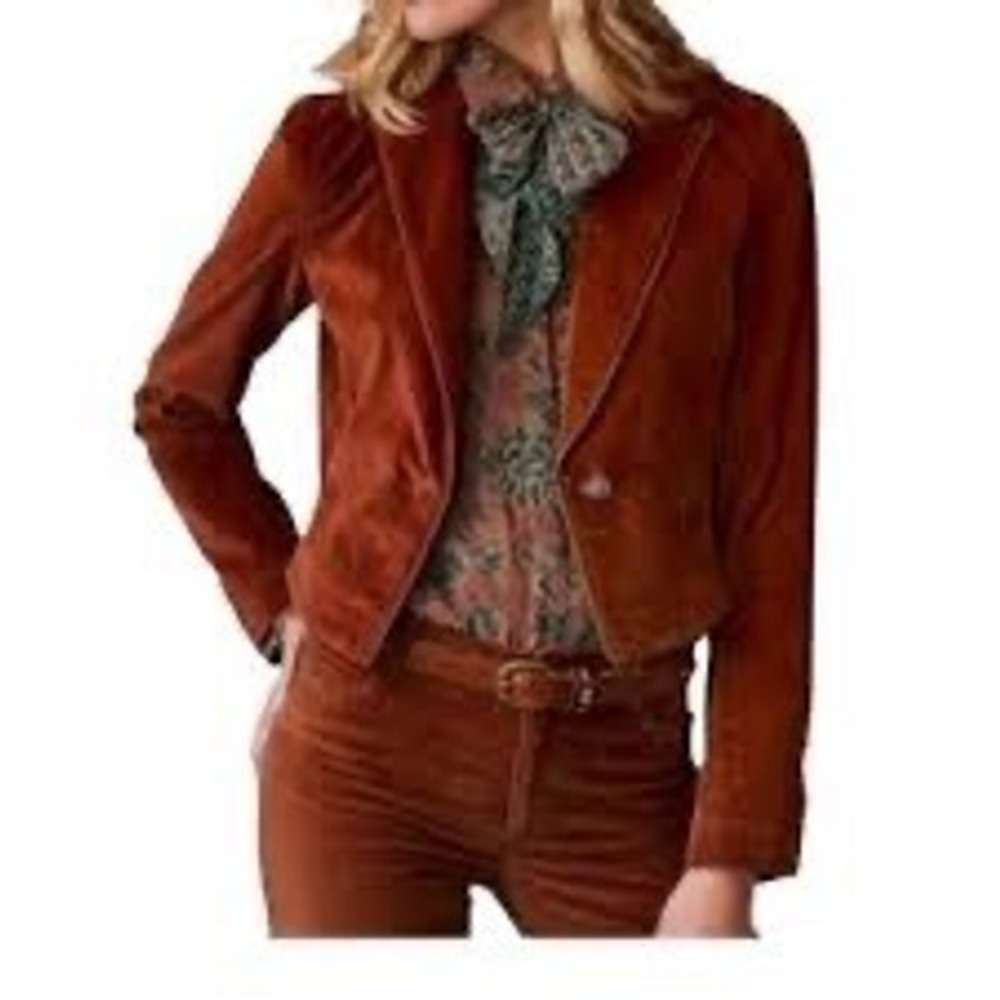 Peruvian Connection Hidalgo Warm Whiskey Velvet Blazer Single Button Cropped 6